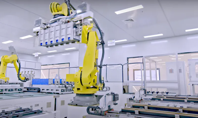 Robotic arm inside the Vaayum Energy manufacturing facility